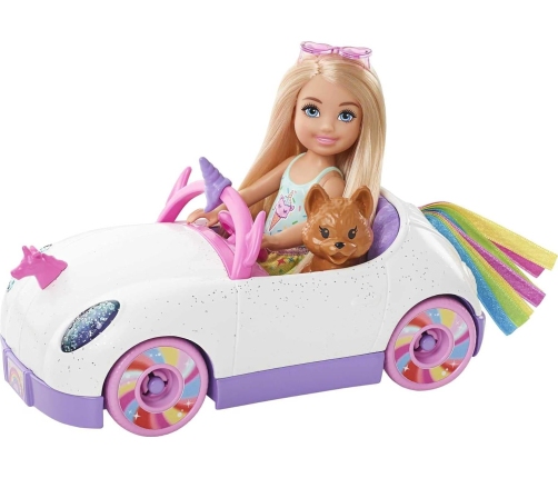 Barbie Club Chelsea Rainbow Unicorn Car & Puppy Lelle + Mašīna kabriolets