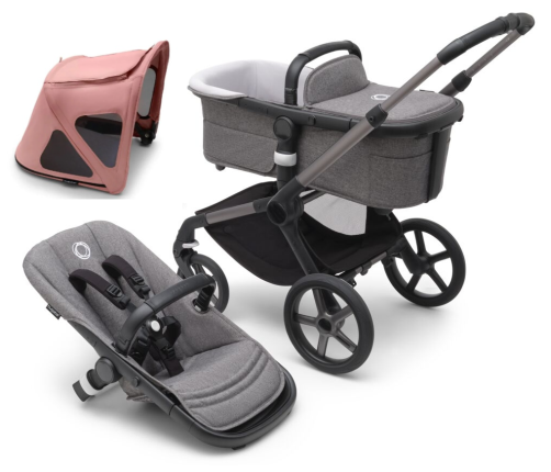 Bugaboo Fox 5 Grey Melange Bērnu Ratiņi 2in1 Grafīta rāmis + Jumts Breezy Morning Pink