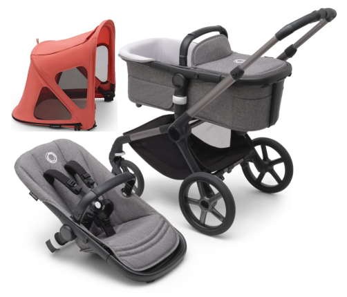 Bugaboo Fox 5 Grey Melange Bērnu Ratiņi 2in1 Grafīta rāmis + Jumts Breezy Sunrise Red