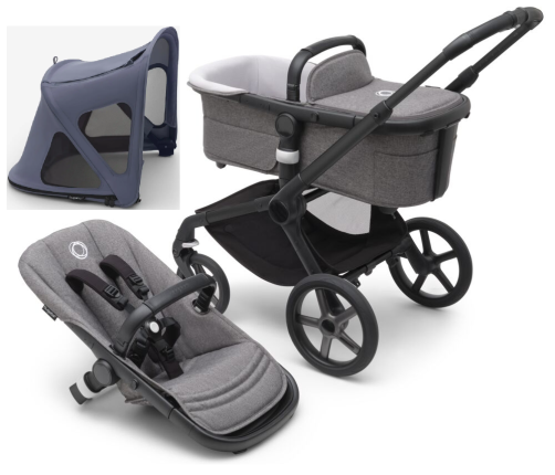 Bugaboo Fox 5 Grey Melange Детская Коляска 2в1 Черная рама + Крыша Breezy Seaside blue