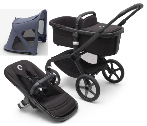 Bugaboo Fox 5 Midnight black Детская Коляска 2в1 Черная рама + Крыша Breezy Seaside Blue