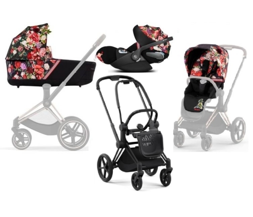 Cybex Priam 4.0 + Cloud Z I-size Matt black frame Spring Blossom Dark Bērnu Ratiņi 3in1