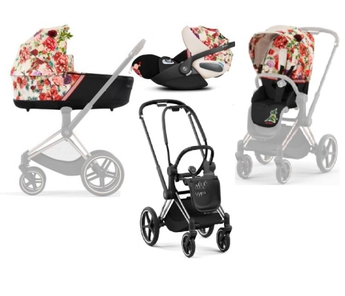 Cybex Priam 4.0 + Cloud Z2 I-size Chrome black frame Spring Blossom Light Bērnu Ratiņi 3in1