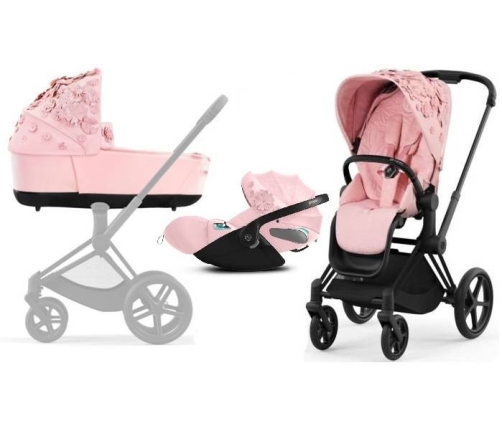 Cybex Priam 4.0 + Cloud Z2 I-size Matt black frame Pale Blush Simply Flowers Bērnu Ratiņi 3in1