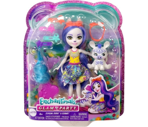 Mattel Enchantimals Glam Party Zemirah Zebra Grainy HNV28 + 5 Accessories HNV28 Кукла с животными