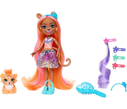 Mattel Enchantimals Glam Party Charisse Cheetah Grinsy HNV30 + 5 Accessories Lelle ar dzīvnieku