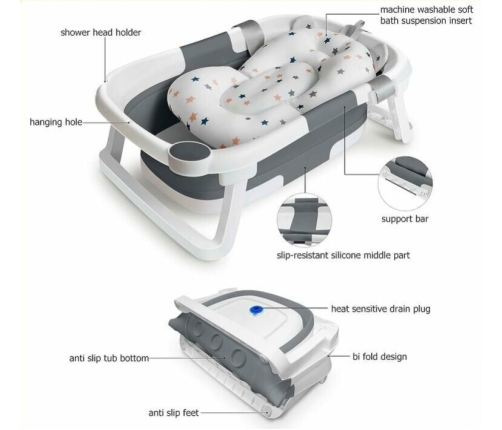 Складная детская ванночка с термометром и вкладышем Primabobo Compact Grey