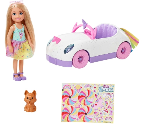 Barbie Club Chelsea Rainbow Unicorn Car & Puppy Lelle + Mašīna kabriolets