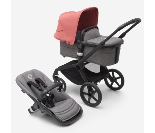 Bugaboo Fox 5 Grey Melange Bērnu Ratiņi 2in1 Black Rāmis + Jumts Sunrise Red