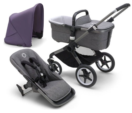 Bugaboo Fox 5 Grey Melange Bērnu Ratiņi 2in1 Grafīta rāmis + Jumts Astro Purple