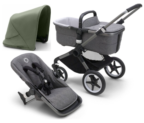 Bugaboo Fox 5 Grey Melange Bērnu Ratiņi 2in1 Grafīta rāmis + Jumts Forest Green