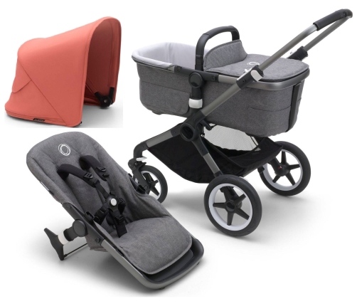 Bugaboo Fox 5 Grey Melange Bērnu Ratiņi 2in1 Grafīta rāmis + Jumts Sunrise Red