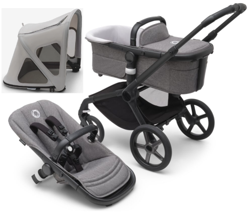 Bugaboo Fox 5 Grey Melange Bērnu Ratiņi 2in1 Melns rāmis + Jumts Breezy Misty grey