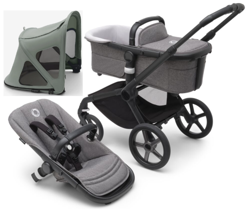 Bugaboo Fox 5 Grey Melange Bērnu Ratiņi 2in1 Melns rāmis + Jumts Breezy Pine Green