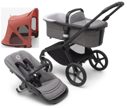 Bugaboo Fox 5 Grey Melange Bērnu Ratiņi 2in1 Melns rāmis + Jumts Breezy Sunrise Red