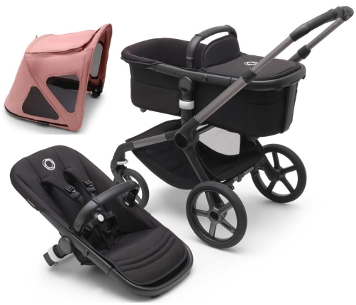 Bugaboo Fox 5 Midnight black Bērnu Ratiņi 2in1 Grafīta rāmis + Jumts Breezy V2 Morning Pink