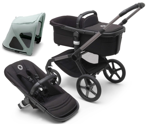 Bugaboo Fox 5 Midnight black Bērnu Ratiņi 2in1 Grafīta rāmis + Jumts Breezy V2 Pine Green