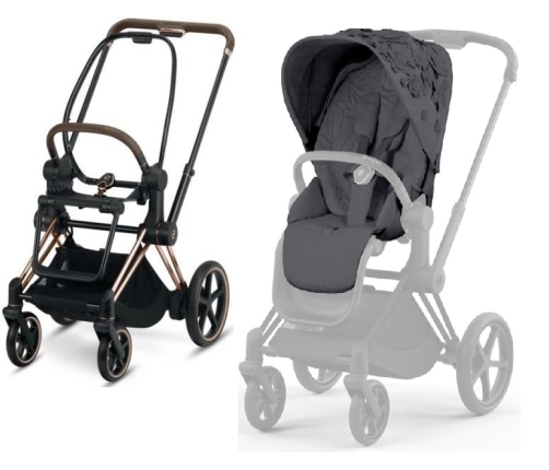 Cybex e-Priam Dream Grey Simply Flowers Rosegold frame Pastaigu Ratiņi