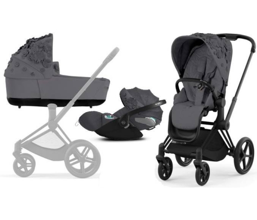 Cybex Priam 4.0 + Cloud Z2 I-size Matt black frame Dream Grey Simply Flowers Bērnu Ratiņi 3in1