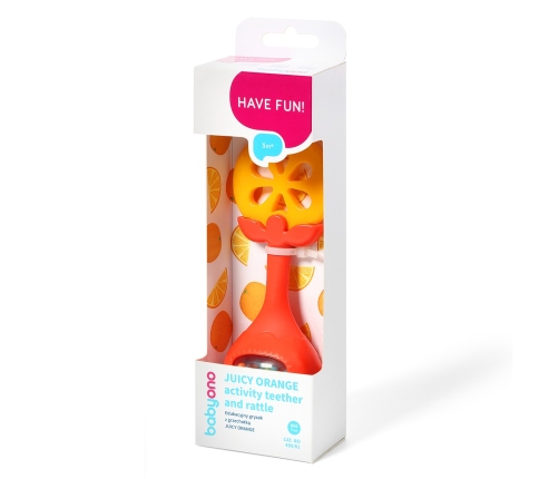 Zobu riņķis ar grabuli BabyOno JUICY ORANGE 499/01
