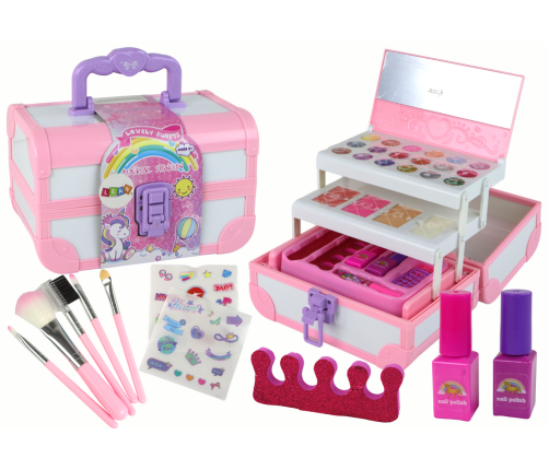 Set of beauty cosmetics for make-up doing nails in a pink case