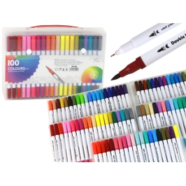 Set of 100 colored marker pens in an organizer