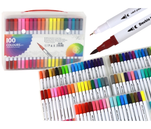 Set of 100 colored marker pens in an organizer