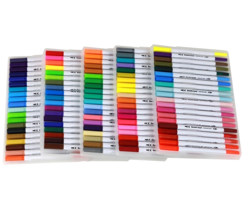 Set of 100 colored marker pens in an organizer