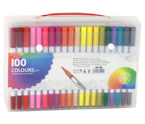 Set of 100 colored marker pens in an organizer