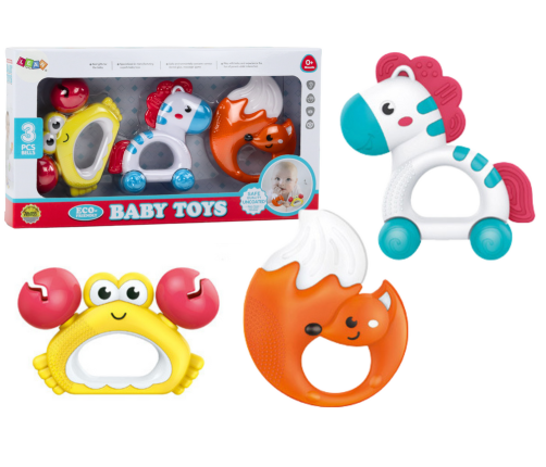 Set of Baby Toys Rattles Teethers Zebra Crab Fox 3 pcs