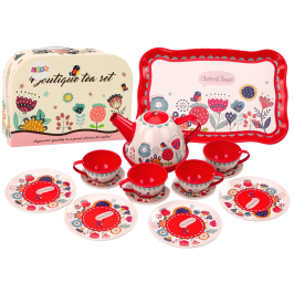 Tea and coffee set in a box, plates, cups, red