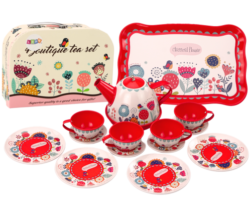 Tea and coffee set in a box, plates, cups, red