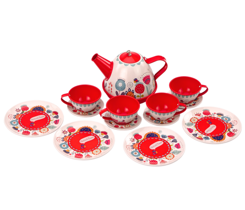 Tea and coffee set in a box, plates, cups, red