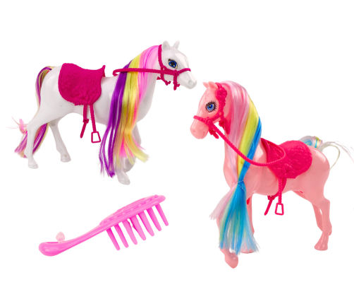 Figurine Horse With Colorful Mane, Saddle, Brush, White Pink