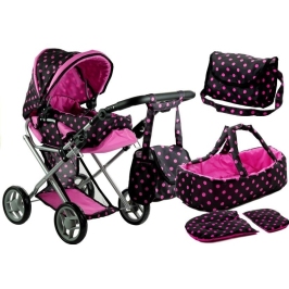 Doll Bogie and Stroller Alice- with Carrier, Bag and Bedding Black with Pink Dots