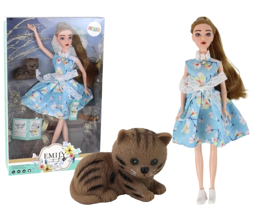 Children's Doll Emily Spring Long Hair Blue Dress Kitten