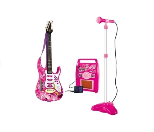 Pink electric guitar with microphone and amplifier