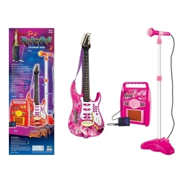 Pink electric guitar with microphone and amplifier