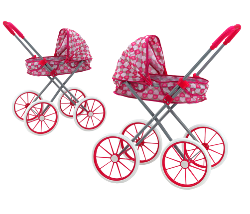 Doll Stroller Large Wheels Foldable Pink Hearts