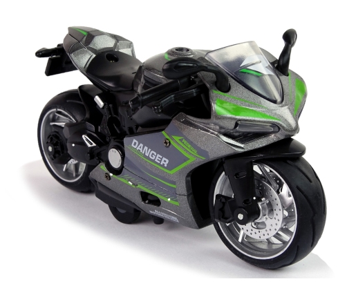 Sports Motorcycle Grey Green Stripes 1:12 Pull-Back Drive Sound Lights