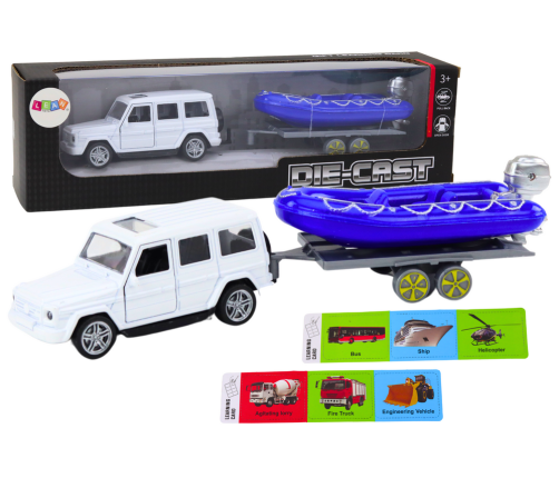 Off-road car with trailer and motorboat, white blue