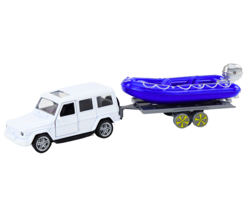 Off-road car with trailer and motorboat, white blue