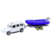 Off-road car with trailer and motorboat, white blue