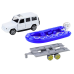 Off-road car with trailer and motorboat, white blue