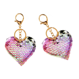 Heart Keychain Sequins Double Sided Silver Pink