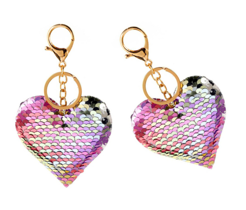 Heart Keychain Sequins Double Sided Silver Pink