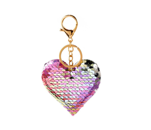 Heart Keychain Sequins Double Sided Silver Pink