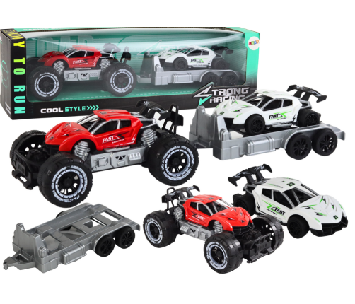 Set of Red Off-Road Car and White Sports Car Tow Truck