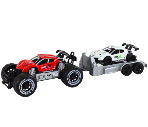 Set of Red Off-Road Car and White Sports Car Tow Truck