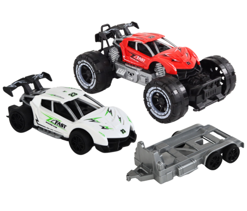 Set of Red Off-Road Car and White Sports Car Tow Truck